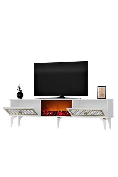 cantek dizayn NİL ŞÖMİNELİ TV SEHPASI BEYAZ-ALTIN - Resim 5