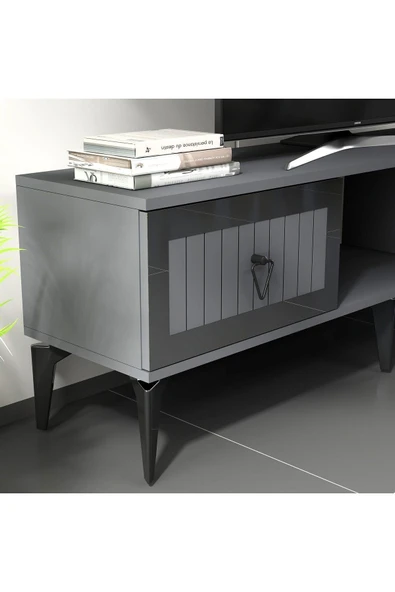 cantek dizayn LİNDA RAFLI TV ÜNİTESİ TAKIMI ANTRASİT-GÜMÜŞ - Resim 4