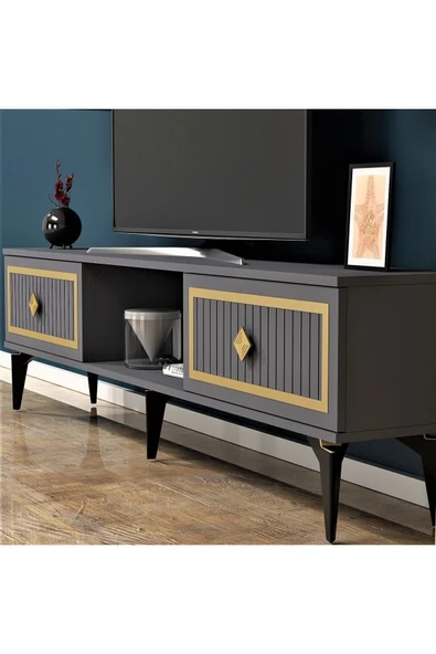 cantek dizayn 150 Cm Nil Tv Sehpası (alt Modül) Antrasit-altın - 2