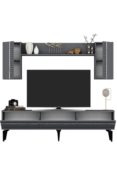 cantek dizayn Defne 180 Cm Tv Ünitesi Ve Konsol 2'li Salon Takımı Antrasit-gümüş - 6