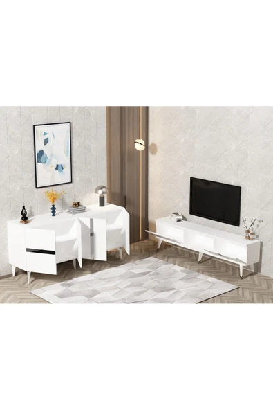 cantek dizayn VANNİA TV SEHPASI ve KONSOL 2'li SALON TAKIMI BEYAZ-GÜMÜŞ - Resim 2