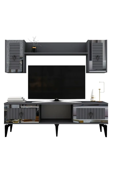 cantek dizayn LİNDA RAFLI TV ÜNİTESİ TAKIMI ANTRASİT-GÜMÜŞ - Resim 5