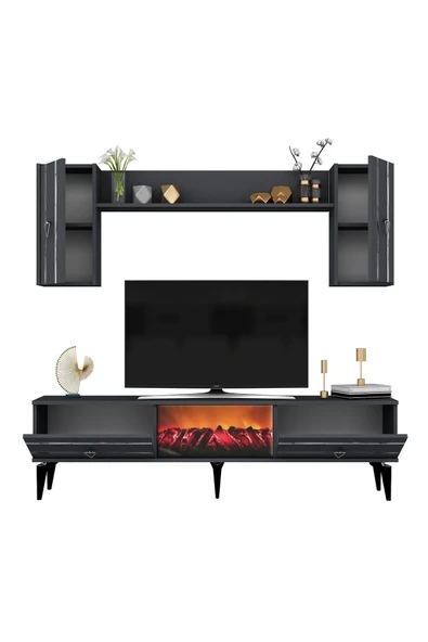 cantek dizayn PELLİN TV ÜNİTESİ TAKIMI ŞÖMİNELİ ANTRASİT-GÜMÜŞ - 5