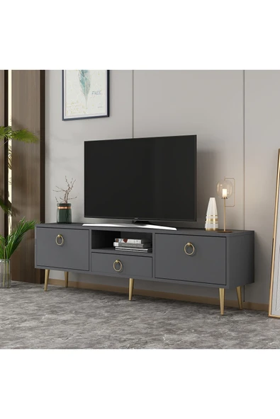 cantek dizayn Droop Tv Ünitesi 2 Kapaklı, Raflı Ve Çekmeceli Antrasit-altın ürün görseli