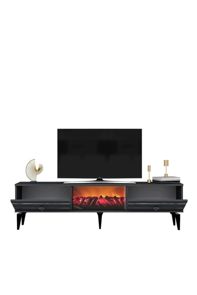 cantek dizayn PELLİN TV SEHPASI ŞÖMİNELİ ANTRASİT-GÜMÜŞ - Resim 5