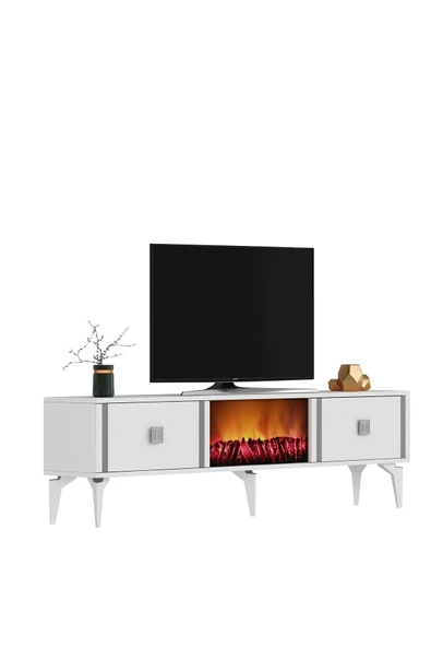 cantek dizayn DORRUK TV SEHPASI (ALT MODÜL) ŞÖMİNELİ BEYAZ-GÜMÜŞ - Resim 3