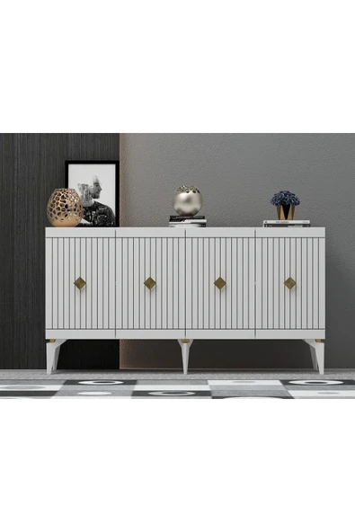 cantek dizayn Midas 180 Cm Tv Sehpası (ALT MODÜL) Ve 4 Kapaklı Konsol 2'li Salon Takımı Beyaz-altın - Resim 5