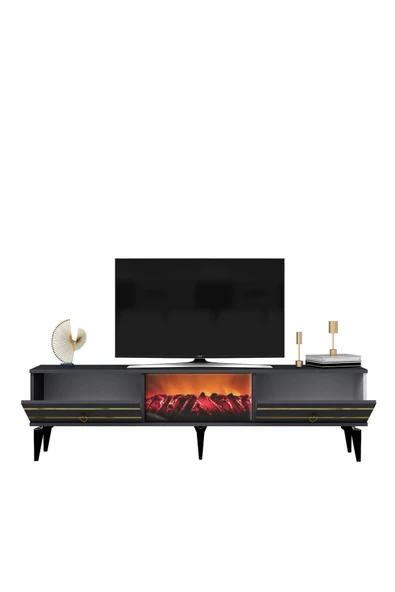 cantek dizayn PELLİN TV SEHPASI ŞÖMİNELİ ANTRASİT-ALTIN - 5