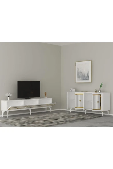cantek dizayn NOVA TV SEHPASI (alt modül) ve KONSOL 2'Lİ SALON TAKIMI BEYAZ-ALTIN - Resim 2