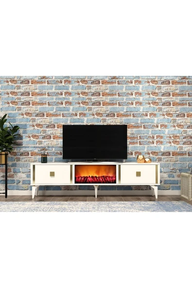 cantek dizayn DORRUK TV SEHPASI (ALT MODÜL) ŞÖMİNELİ BEYAZ-ALTIN ürün görseli