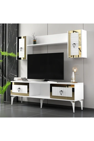 cantek dizayn LİNDA RAFLI TV ÜNİTESİ TAKIMI BEYAZ-ALTIN - Resim 2