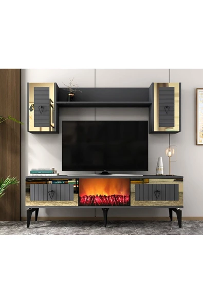 cantek dizayn LİNDA ŞÖMİNELİ TV ÜNİTESİ TAKIMI ANTRASİT-ALTIN ürün görseli