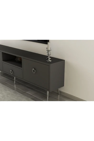 cantek dizayn DROOP TV ÜNİTESİ 2 KAPAKLI, RAFLI VE ÇEKMECELİ ANTRASİT-GÜMÜŞ - Resim 3