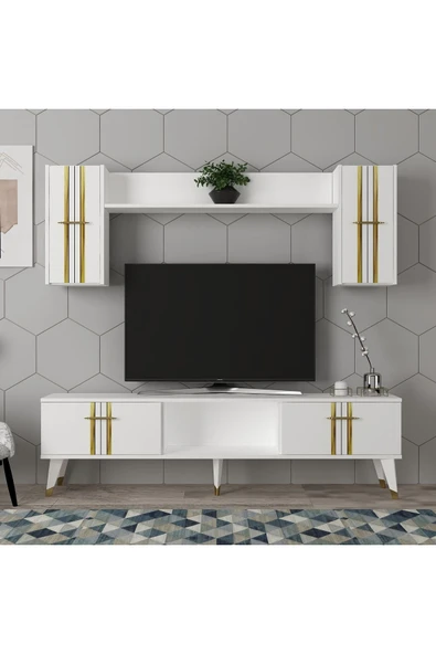 cantek dizayn ASEL TV ÜNİTESİ ve KONSOL 2'Lİ SALON TAKIMI BEYAZ-ALTIN - 2