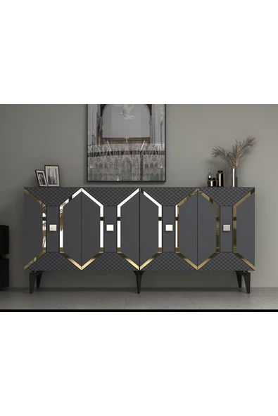 cantek dizayn YUMMEDİ PLEKSİ DESENLİ LAZER ÇİZGİLİ KONSOL ANTRASİT-ALTIN - Resim 8