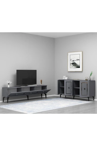cantek dizayn Nora Tv Sehpası (ALT MODÜL) Ve Konsol 2'li Salon Takımı Antrasit-gümüş - Resim 2