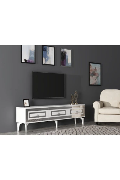cantek dizayn Karrya 180 Cm Tv Sehpası Beyaz Gümüş - Resim 2