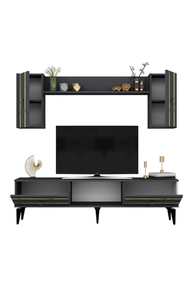 cantek dizayn PELLİN TV ÜNİTESİ TAKIMI ANTRASİT-ALTIN - 6