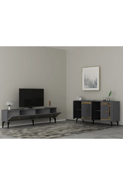 cantek dizayn NOVA TV SEHPASI (alt modül) ve KONSOL 2'Lİ SALON TAKIMI ANTRASİT-ALTIN - Resim 2