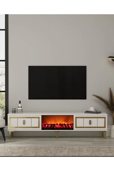 cantek dizayn ORİONCT ŞÖMİNELİ (A) TV SEHPASI BEYAZ-ALTIN - 1