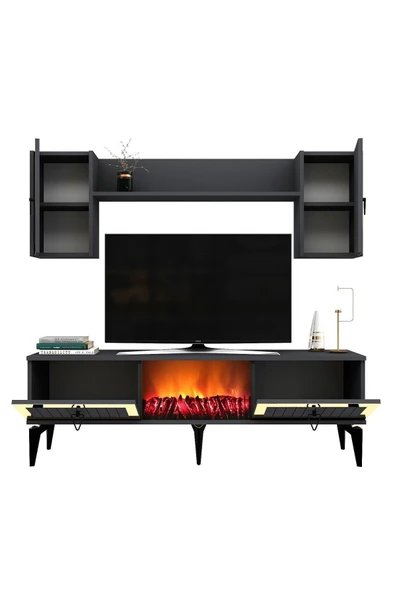 cantek dizayn LİNDA ŞÖMİNELİ TV ÜNİTESİ TAKIMI ANTRASİT-ALTIN - Resim 5