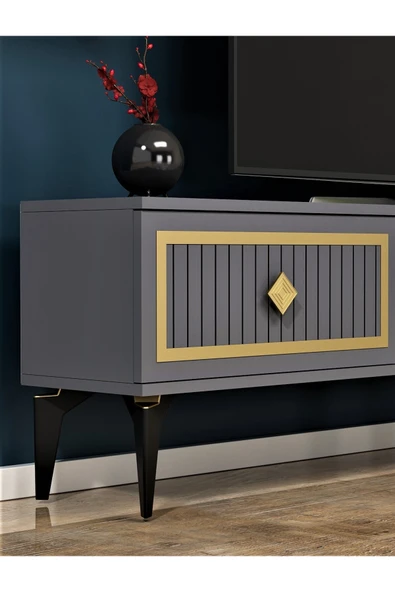 cantek dizayn NİL ŞÖMİNELİ TV SEHPASI ANTRASİT-ALTIN - Resim 4