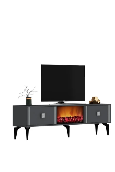 cantek dizayn DORRUK TV SEHPASI (ALT MODÜL) ŞÖMİNELİ ANTRASİT-GÜMÜŞ - Resim 3