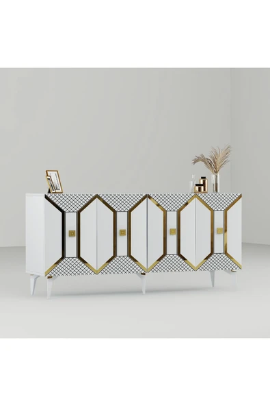 cantek dizayn YUMMEDİ PLEKSİ DESENLİ LAZER ÇİZGİLİ KONSOL BEYAZ-ALTIN - Resim 5