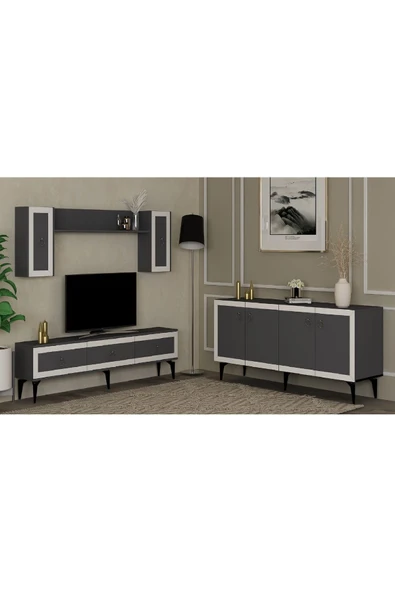 cantek dizayn Selen Tv Ünitesi Ve Konsol 2'li Salon Takımı Antrasit-beyaz ürün görseli