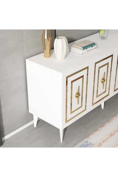 cantek dizayn VİOLLA LAZER DESENLİ 4 KAPAKLI KONSOL BEYAZ-ALTIN - Resim 3