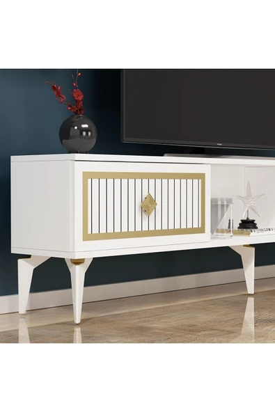 cantek dizayn 150 Cm Nil Tv Sehpası (alt Modül) Beyaz-altın - 3