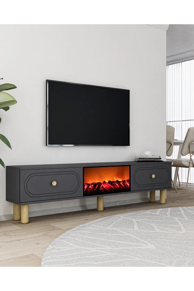 cantek dizayn POLENCT BOHEM ŞÖMİNELİ (A) TV SEHPASI ANTRASİT-ANTRASİT - Resim 2
