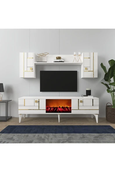 cantek dizayn MADDERA ŞÖMİNELİ TV ÜNİTESİ TAKIMI BEYAZ-ALTIN