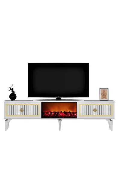 cantek dizayn NİL ŞÖMİNELİ TV SEHPASI BEYAZ-ALTIN - Resim 3
