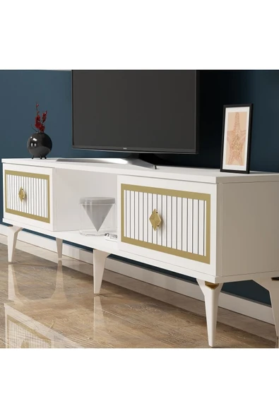 cantek dizayn 150 Cm Nil Tv Sehpası (alt Modül) Beyaz-altın - 2