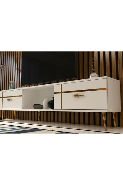 cantek dizayn LİNECT  TV SEHPASI BEYAZ-ALTIN - Resim 3