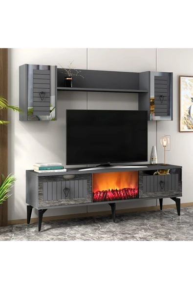 cantek dizayn LİNDA ŞÖMİNELİ TV ÜNİTESİ TAKIMI ANTRASİT-GÜMÜŞ - Resim 3