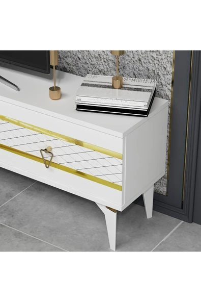 cantek dizayn PELLİN TV SEHPASI BEYAZ-ALTIN - Resim 3