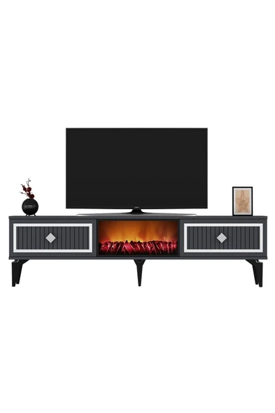 cantek dizayn Flame Şömineli Tv Sehpası (ALT MODÜL) Antrasit-gümüş - 5