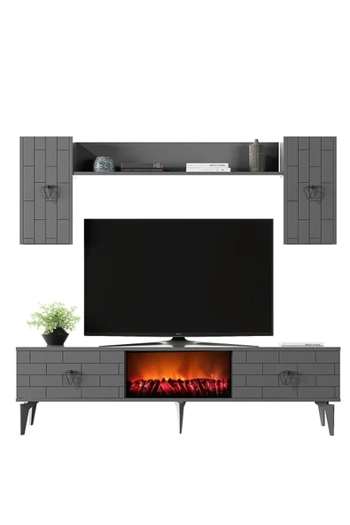 cantek dizayn Varrna Tv Ünitesi Takım Şömineli Antrasit-antrasit - 2