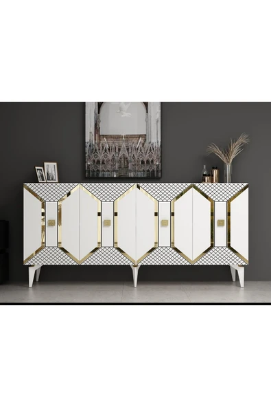 cantek dizayn YUMMEDİ PLEKSİ DESENLİ LAZER ÇİZGİLİ KONSOL BEYAZ-ALTIN - Resim 2