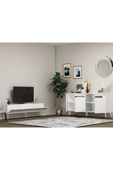 cantek dizayn Defne 180 Cm Tv Sehpası Ve Konsol 2'li Salon Takımı Beyaz-gümüş - Resim 2