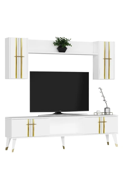 cantek dizayn ASEL TV ÜNİTESİ ve KONSOL 2'Lİ SALON TAKIMI BEYAZ-ALTIN - 4