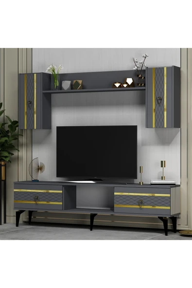 cantek dizayn PELLİN TV ÜNİTESİ TAKIMI ANTRASİT-ALTIN - 2