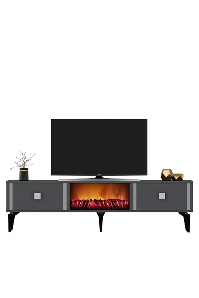 cantek dizayn DORRUK TV SEHPASI (ALT MODÜL) ŞÖMİNELİ ANTRASİT-GÜMÜŞ - Resim 2