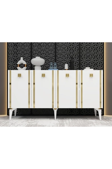 DEMONTE DECOR DORUK KONSOL 4 KAPAKLI RAFLI BEYAZ-ALTIN ürün görseli