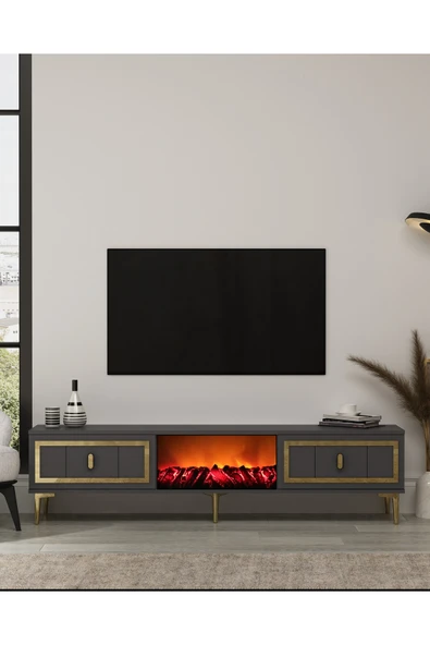 DEMONTE DECOR ORİONDD ŞÖMİNELİ (A) TV SEHPASI ANTRASİT-ALTIN - 1