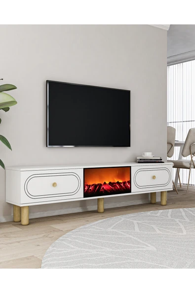 DEMONTE DECOR POLENDH BOHEM ŞÖMİNE (A) TV SEHPASI (ALT MODÜL) BEYAZ-BEYAZ - Resim 2