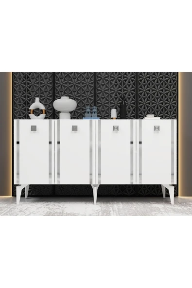 DEMONTE DECOR DORUK KONSOL 4 KAPAKLI RAFLI BEYAZ- GÜMÜŞ ürün görseli