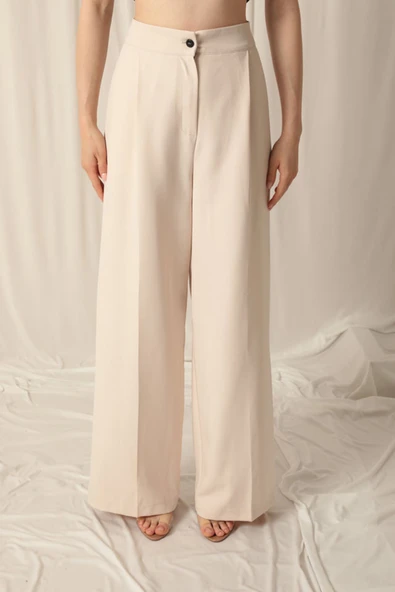 Atlas Kumaş Palazzo Kadın Bej Pantolon - Resim 2